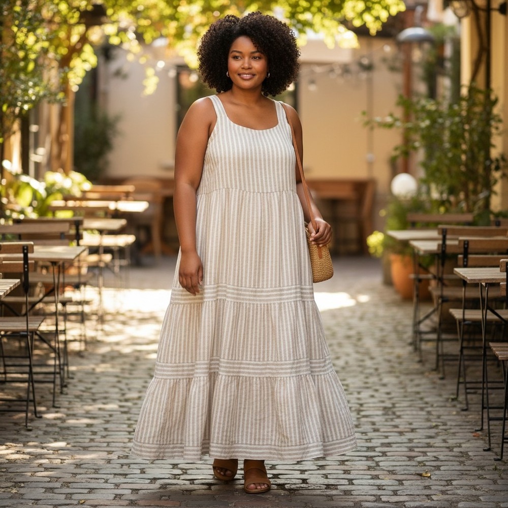 Elegant Cream Striped Maxi Dress
